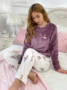Flannel Patchwork Flamingo Pattern Long Sleeve Top And Pants Warm Fluffy Pajama Set, Fall Winter Clothes, Cozy - Purple - View 3