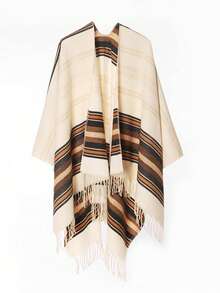 1 Stück Damen Mode einfaches gestreiftes kariertes Patchwork Quaste Dekor offene Vorderseite Poncho Cape Schal, Lässig Outdoor Reisen Camping vielseitig windundurchlässig warm Schal Umhang, Herbst/Winter - Verschiedenfarbig - Übersicht 1
