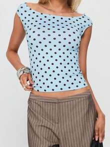 Womens Summer Short Sleeve Crop Tops Boat Neck Slim Fit T Shirts Polka Dot Y2K Going Out Blouses 1 Pcs 120g Rams 95%Polyester 5%Elastane Top - Màu xanh da trời - Xem 5