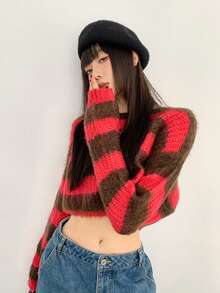 Women's Striped Knit Sweater, Long Sleeve Loose Cropped Top, Autumn/Winter