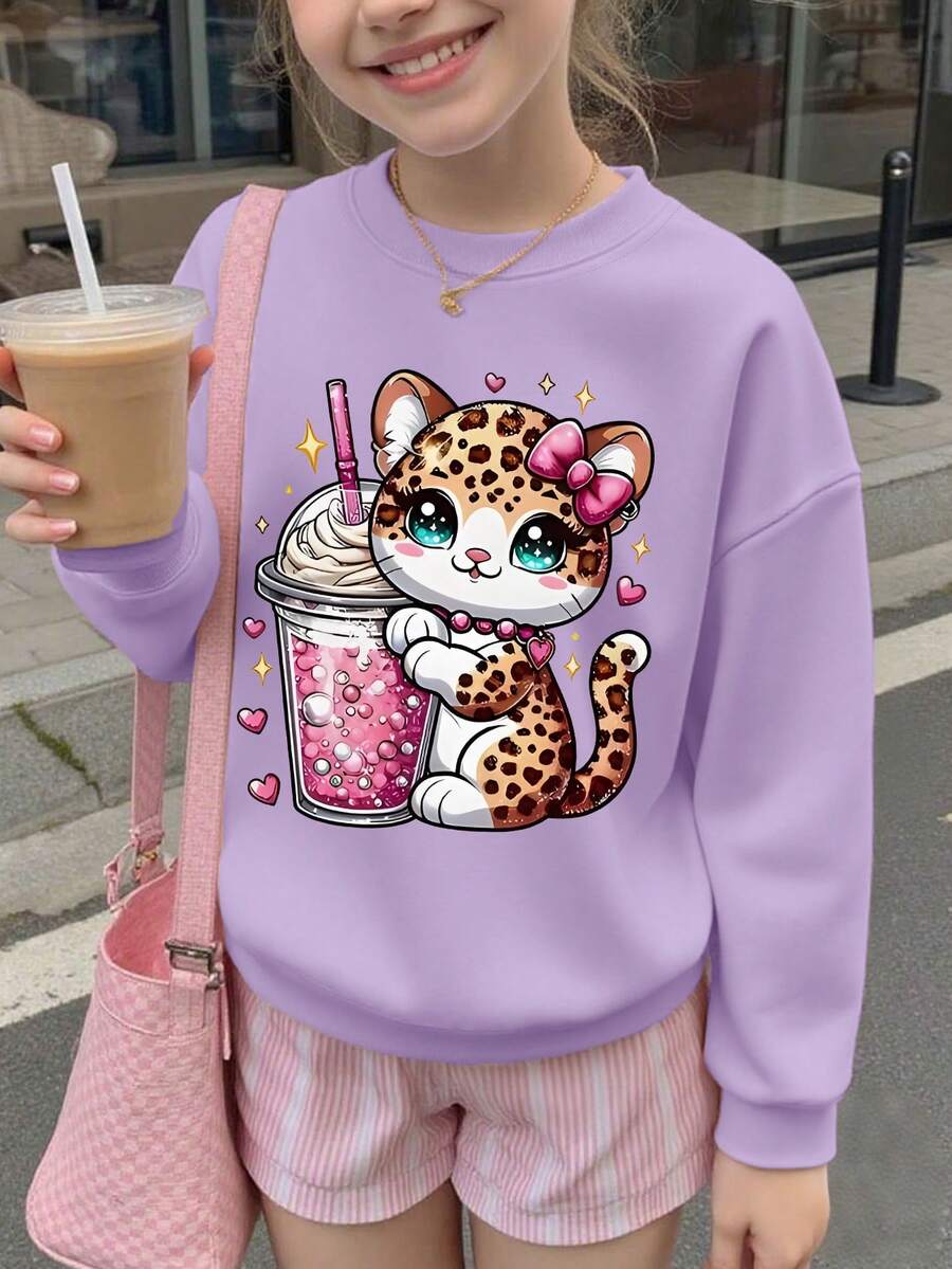 1PC Girl Sweet And Cute Style Cartoon Leopard Cat Print Crew Neck Sweatshirt, Soft And Comfortable, Spring Autumn Daily School Wear - Purple - View 1