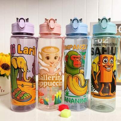 4 Colors Available! 1pc 800ml Cartoon Water Bottle, Toddler Anti-Spill Straw Cup, Kindergarten Drinking Cup, Large Capacity Portable Children's Water Bottle Leak-Proof Straw Cup, Summer Large Capacity Sports Water Bottle, Best Gift For Girls And Boys