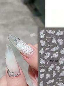 1黑玫瑰日系5d 3D薄透夜黑白玫瑰指甲贴复古半透血红玫瑰指甲贴DIY指甲贴自带背胶黑白玫瑰花朵指甲贴。