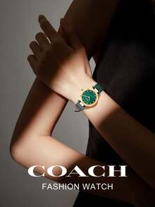 Coach 女士石英腕表，绿色可调节皮革表带，金色圆形表壳，女士礼物模拟手表，钻石珍珠贝母表盘，14503951 - 綠色 - 查看 4