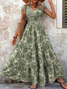 女式印花连帽袖抽绳腰A字休闲优雅连衣裙 - 綠色 - 查看 5