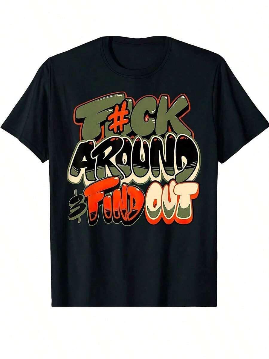 F  AROUND & FIND OUT Graphic-Shirt - Edgy Street Style Short Sleeve Tee With Bold Orange & White Text Design, Allseason Tshirt |   Playful Message Tee |   Comfortable Fit, PLUS SIZE - 黑色 - 查看 1