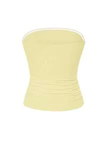 Áo tank top không dây, màu trơn, co giãn ôm sát dành cho nữ của Vaiaye, áo camisole cơ bản không dây thời trang cho mùa xuân và mùa hè. - Màu vàng - Xem 4