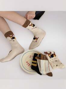 "4 Pairs Of Stylish Brown Striped Dog Print Socks For Women - Mid-Calf Casual Socks For Spring, Summer, And Autumn - Cute Dachshund Design"