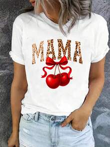 100% Cotton Unisex Round Neck Short - Sleeve T - Shirt, Basic Tee Featuring Adorable Mama Leopard Print And Cherry Graphic, I Summer Women's Top With Charming Design - 白色 - 查看 1