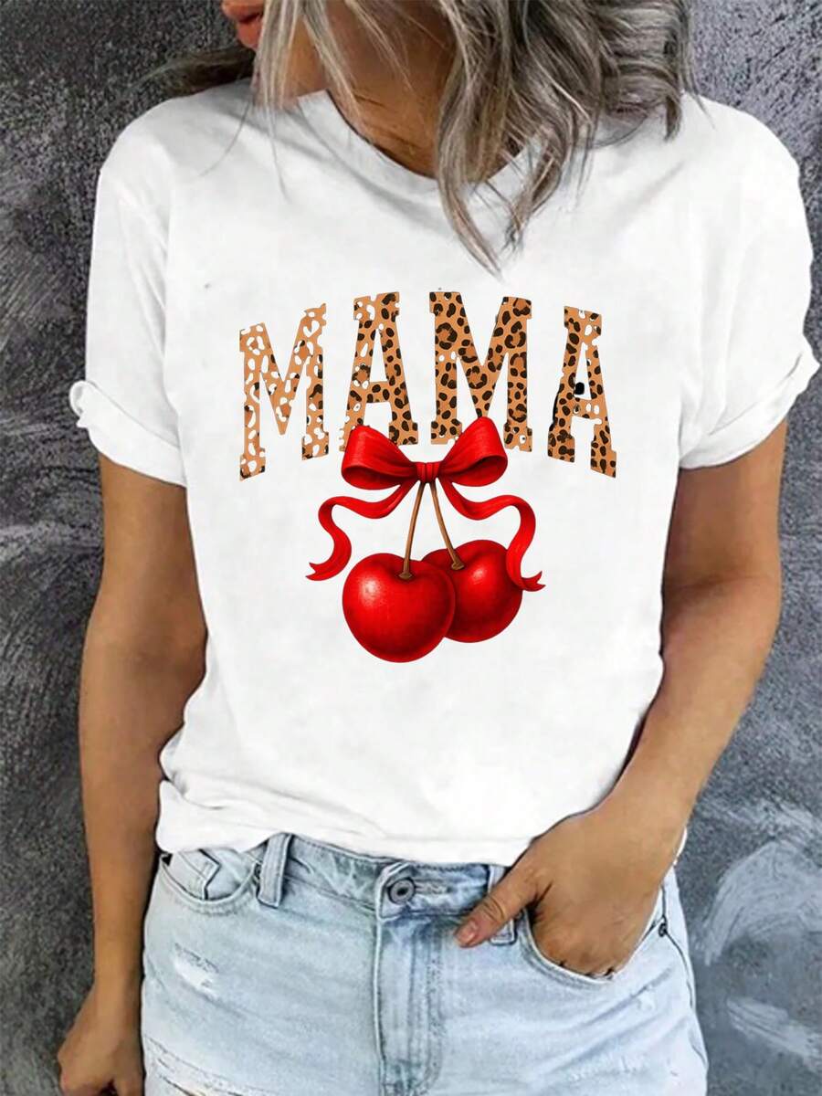 100% Cotton Unisex Round Neck Short - Sleeve T - Shirt, Basic Tee Featuring Adorable Mama Leopard Print And Cherry Graphic, I Summer Women's Top With Charming Design - 白色 - 查看 1