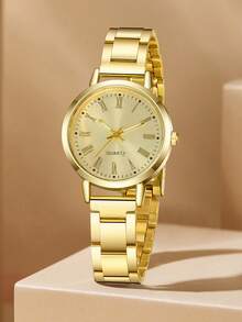 1件装女士合金表带时尚休闲罗马数字小圆表盘石英表，适合日常佩戴和节日礼物 - 金色 - 查看 2