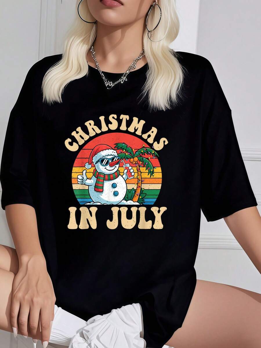 Funny Christmas In July Snowman Summer Beach Vacation Xmas T-Shirt         Graphic Tees Ladies' Choice Women Crop Tops Summer Outfits For Women Summer Tops T-Shirt