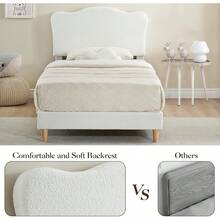 Cama individual beige para niños, plataforma tapizada con cabecero de terciopelo bouclé, sin somier, fácil montaje, diseño duradero - Blanco roto-Twin - Ver 3