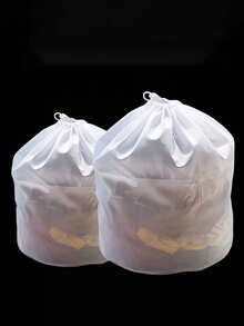 Pacote com 1 bolsa de malha para lavanderia com cordão, bolsa grande de poliéster branco para máquina de lavar, bolsa para guardar roupas íntimas, bolsa para guardar meias, adequada para banheiro, organização de roupas, armazenamento doméstico, armazenamento em dormitório, volta às aulas, viagem de negócios, itens essenciais para viagem, dia do professor - Branco - Ver 8