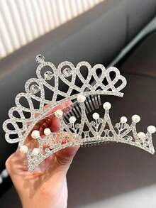 1pc Large Size Girl's Crown Hair Clip, Rhinestone Hair Fork Suitable For Birthday Party, Festival, Wedding Decoration - Silver - View 4