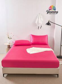 3pcs Solid Color Beige Satin Fitted Sheet Set Simulation Silk Fitted Sheet Set With 1pc Fitted Sheet+2pcs Pillow Case Without Filler, Modern Soft Bedding Set For Household Sheet Deep Pocket Up To 13.8 Inch Satin Pillowcase, Soft Breathable Wrinkle-Free Better For Sleep, Luxury Hotel Style, Gift For Mom Dad Friend Domitory Bedding Back School Bedding - Red Violet - View 1