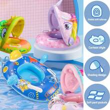 1 pieza Flotador de natación con sombrilla, asa y asiento, inflable y grueso, aro flotante de verano para diversión en la playa - Verde - Ver 4