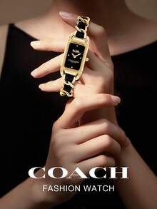 Coach Đồng hồ đeo tay thạch anh tông vàng dành cho nữ với vòng đeo tay hai tông màu Đồng hồ vỏ hình chữ nhật sang trọng dành cho nữ Đồng hồ quà tặng thanh lịch Đồng hồ analog dành cho nữ - màu đen - Xem 4