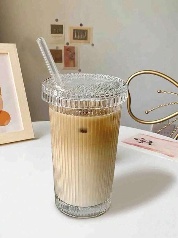 1pc Glass Tumbler Stripe Glass Cup Coffee Cup With Lid And Straw LIDS DON'T SECURE 12.5 Oz Drinking Glasses For Water,Iced Coffee,Milk,Tea,Juice