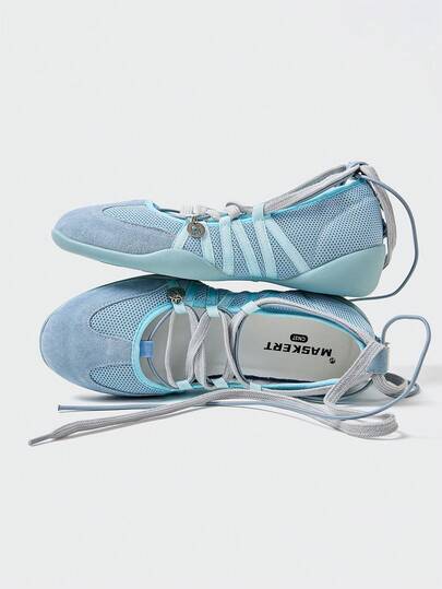 MASKERT 女士休闲鞋，女式芭蕾系带鞋，网眼穿孔平底鞋，柔软鞋底，舒适日常百搭休闲鞋