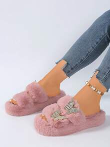 Dép đế xuồng hở mũi bằng vải nhung cho nữ, dép đi trong nhà mềm mại, chống trượt, dép đi trong nhà, dép bông có nơ và đá trang trí - Hồng - Xem 3