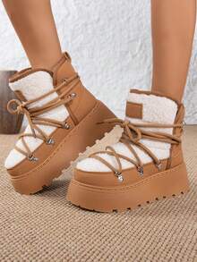 Girl Snow Boots, New 2025 Fleece Thickened Round Toe Lace-Up Fashion Warm Winter Outdoor Boots