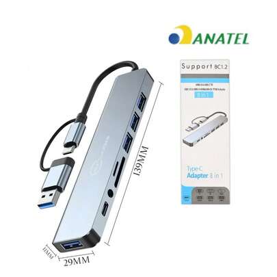 Hub USB 8 em 1 Expansor Dock Tipo C Leitor TF SD Áudio Compatível com MacBook Pro iPad HP