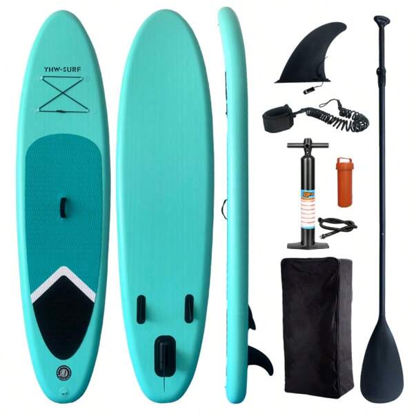 1 set opblaasbaar stand-up paddleboard voor mannen en vrouwen, casual surfplank voor op het strand, inclusief luchtpomp, peddel, leash, rugzak, afneembare vin en reparatieset