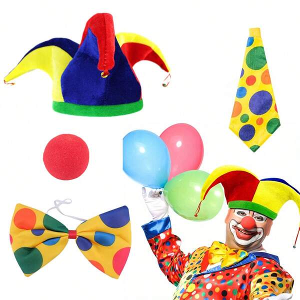 Set de costume de clovn de carnaval din 4 piese, inclusiv pălărie de clovn, fundă colorată și cravată, clovn cu nas roșu, accesorii distractive de petrecere pentru evenimente mascate, costum de clovn, costum de bal de absolvire, costum de Crăciun