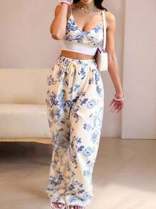 2 pzs Conjunto de mujer: Top corto con hombros descubiertos y manga larga & Pantalones acampanados, unicolor - Azul y blanco - Ver 1