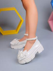 1 双女童春秋新款皮靴，蝴蝶和珍珠装饰，简约甜美公主鞋，软底舒适平底学生鞋，女童乐福鞋适合户外、派对、舞会 - 白色 - 查看 5