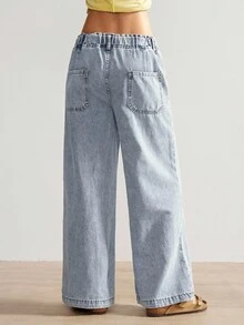 Bohemela 度假休闲水洗抽绳阔腿牛仔裤 - 藍色 - 查看 2