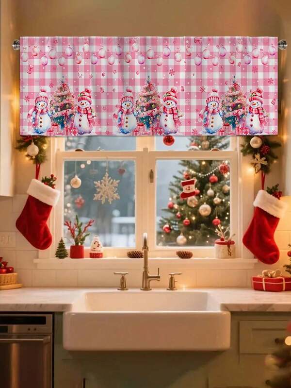 1 pezzo Tenda 45*140cm a quadri rosa natalizi, con motivi di pupazzo di neve e albero di Natale - design con passante per asta, adatta per decorazione di cucina, camera da letto, ufficio e soggiorno, in materiale di poliestere, utilizzabile in tutte le stagioni, decorazione natalizia per la casa, decorazione natalizia per finestre