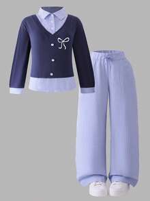 2pcs Girls Casual Bow Embroidery Striped Shirt And Wide Leg Pants Set, Spring/Autumn