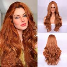 Copper Red Long Wig – Middle Part Long Curly Wig With Synthetic Fiber Wig And Rose Net Cap, Perfect Wig For Cosplay Wig And Party Wig - Đồng - Xem 1