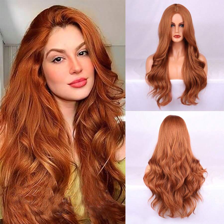 Copper Red Long Wig – Middle Part Long Curly Wig With Synthetic Fiber Wig And Rose Net Cap, Perfect Wig For Cosplay Wig And Party Wig - Đồng - Xem 1