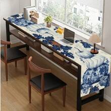 1pc,Table Runner, Thanksgiving Blue And White Porcelain Pumpkin Pattern Printed Linen Table Flag, Home Decor, Suitable For Dining Tables, Universal Seasonal Decoration, Modern Style Washable Table Flag, Heat-Resistant, Stain Resistant, Room Decoration, Table Mat, Kitchen Table Mat, Party Decoration, Home Decoration, Ideal Thanksgiving Gift