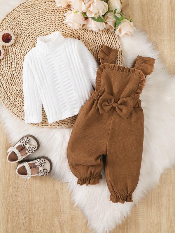 BrownBark 2 pezzi Outfit per neonate, top a collo alto manica lunga + tuta con cinghie a farfalla, adatto per uso all aperto e stagione scolastica, regalo perfetto per attività all aperto