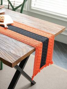 1 pièce Chemin de table tissé pour Halloween, nappe à rayures orange avec franges ajourés, convient pour Halloween, festivals quotidiens, rassemblements, fêtes, décoration de la maison, fond pour la photographie - Multicolore - Voir 10
