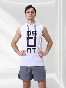 Men's Letter Print Casual Comfortable Sleeveless Hooded Gym Fitness Basketball Running Sport Tank Top, Stretchy Activewear For Spring/Summer - White - View 5