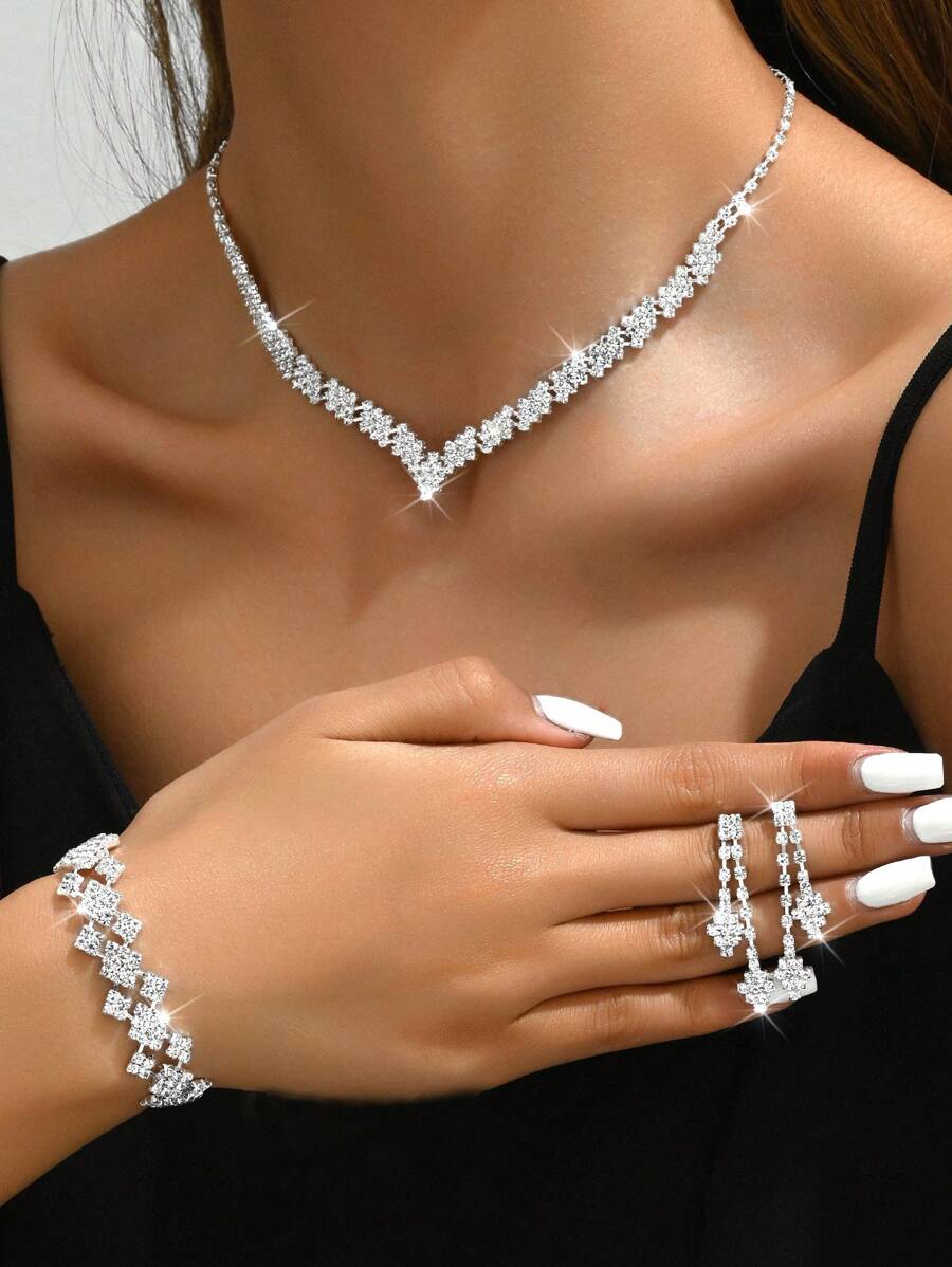 4pcs/Set Korean Style Bridal Jewelry Necklace, Earrings, Bracelet Wedding Accessories For Bride