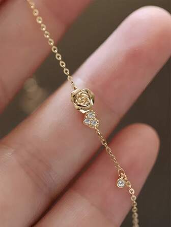 BALMORA 1 件优雅 S925 纯银镀 14K 金玫瑰手链心形锆石手链适合女孩/女士/女友/母亲派对约会礼物日常佩戴生日礼物