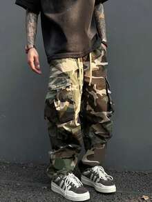 男士迷彩印花休闲宽松直筒工装裤，适合返校季，时尚多口袋工作裤，男士街头服饰 - 軍綠色 - 查看 1