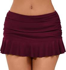 Halcurt Women's Low Waisted Ruched Ruffle Swim Skirts With Hipster Bikini Bottoms Tummy Control Swimsuit - Burgundy - View 1