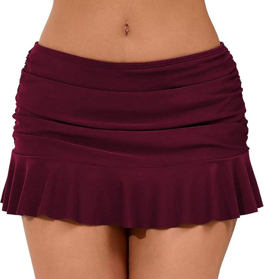 Halcurt Women's Low Waisted Ruched Ruffle Swim Skirts With Hipster Bikini Bottoms Tummy Control Swimsuit - Burgundy - View 1