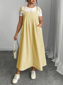 Plus Size Women Striped Dual Pocket Casual Loose Strap Dress Maxi Women Outfit - Yellow - View 3