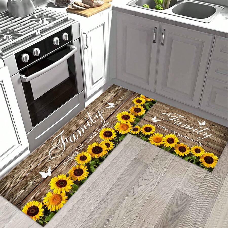 1/2 件向日葵厨房装饰地毯套装,农舍乡村厨房地毯和垫子,防滑可洗吸水厨房垫,适用于地垫、浴室垫、入口垫、卧室垫、客厅垫 - 黃色 - 查看 1