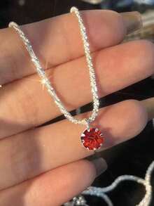 1 chiếc vòng cổ mặt pha lê đơn bạc, dây chuyền xương đòn bằng đồng thời trang, vòng cổ ngắn thanh lịch, phù hợp với trang phục thường ngày của phụ nữ - Đỏ - Xem 2