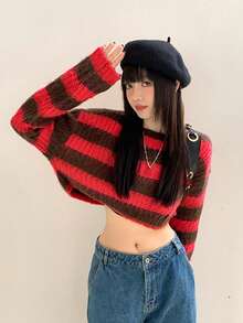 Women's Striped Knit Sweater, Long Sleeve Loose Cropped Top, Autumn/Winter