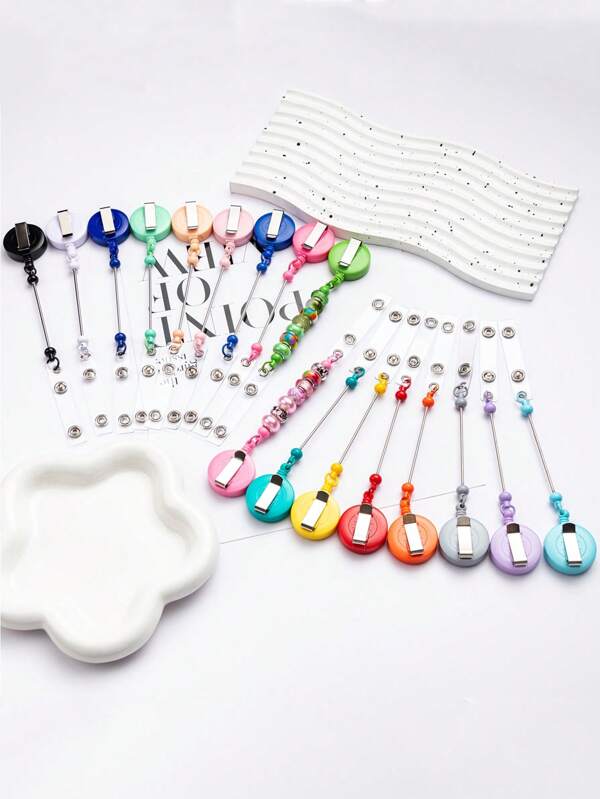 1pc Beaded Badge Reel Retractable Clip, Blank Strap ID Name Badge Reel With Belt Clip, Beaded Items Jewelry DIY Gifts, Suitable For Nurses, Teachers, Office Supplies
